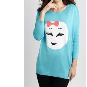 Angel Apparel Scoop Neck Pullover Sweater Turquoise Blue Face Emoji Graphic Sz S